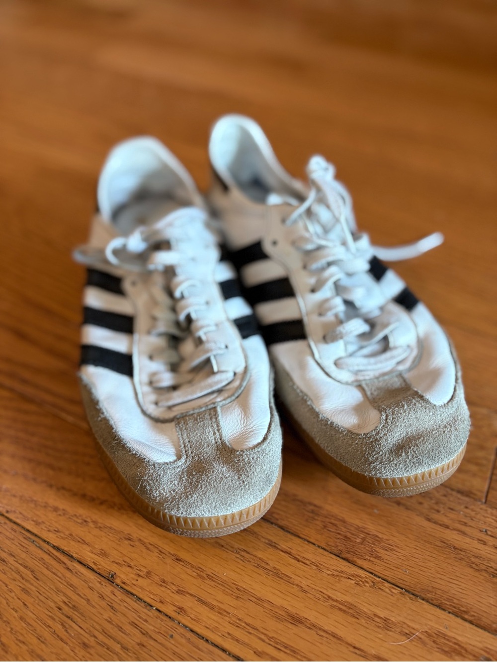 adidas Deacon Sambas White Sneakers with Black Stripes and Tan Suede Toe
